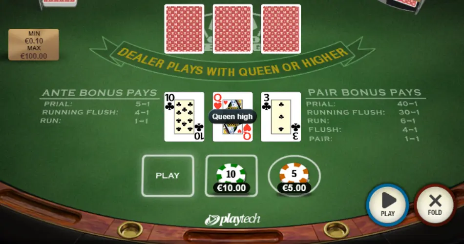 Screenshot of the 3 Card Brag table online