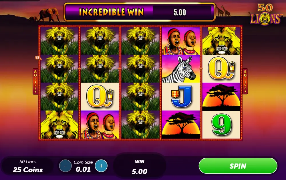 Example of a winning combination in the 50 Lions slot