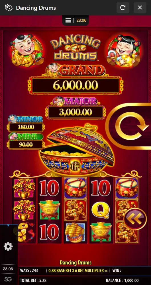 Mobile screenshot of the Dancing Drums casino game