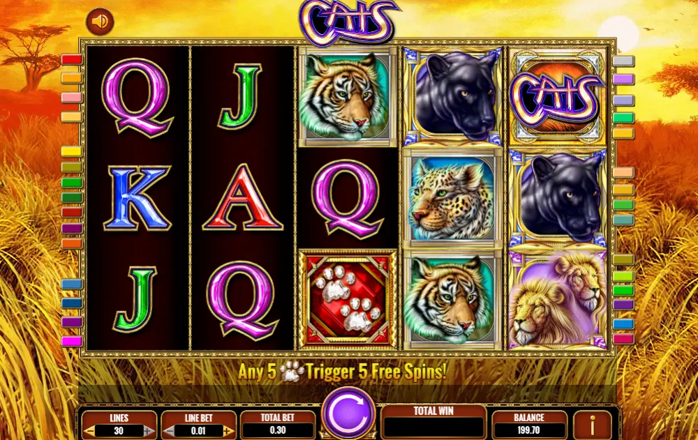 Screenshot of the free online Cats slot machine by IGT