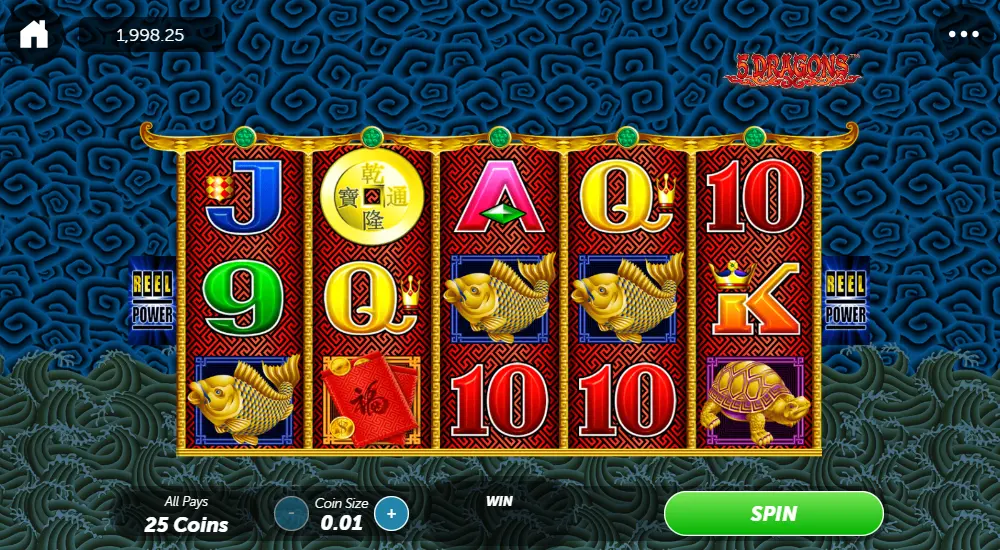 Screenshot of the free online 5 Dragons slot machine by Aristocrat Interactive