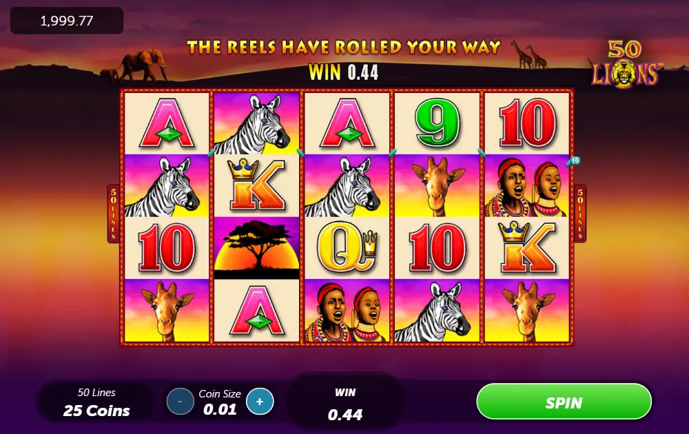Screenshot of the free online 50 Lions slot by Aristocrat Interactive