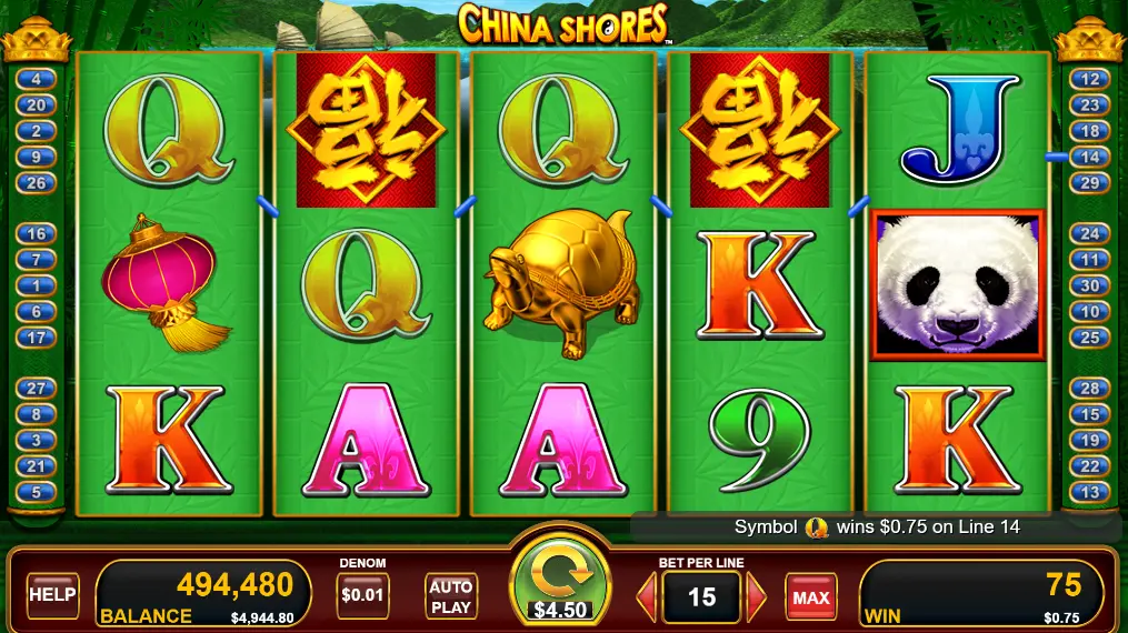 Screenshot of the free online China Shores slot machine by Konami