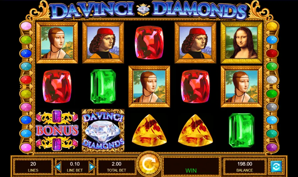 Screenshot of the free online Da Vinci Diamonds slot. Showing the reels and UI
