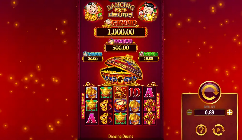 Screenshot of the free online Dancing Drums slot machine by Light & Wonder