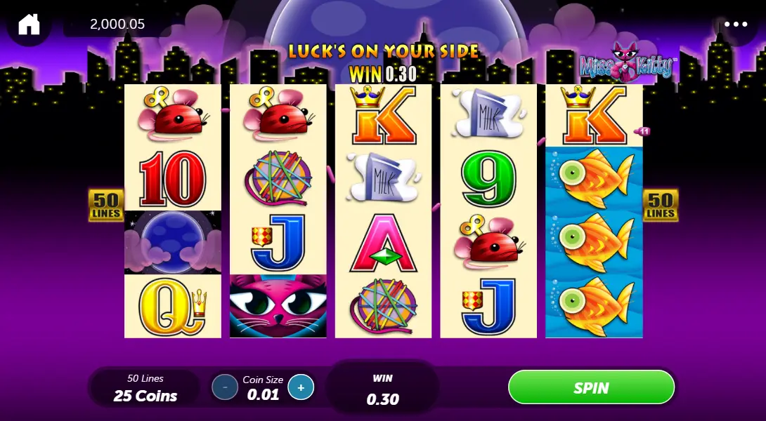 Screenshot of the free online Miss Kitty slot machine by Aristocrat Interactive