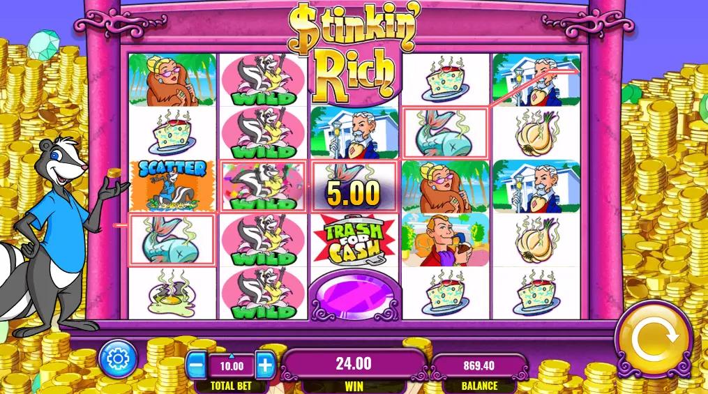Screenshot of the free online Stinkin' Rich slot machine by IGT