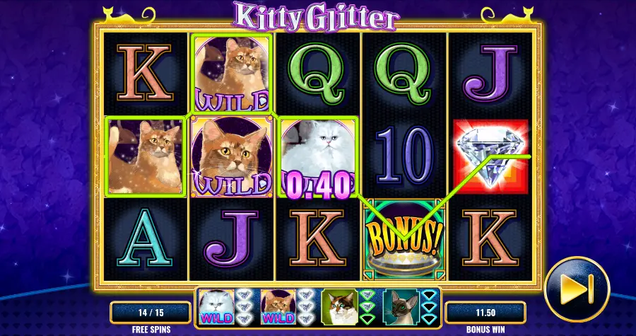 Screenshot of the free spins round and number of diamonds collected in the Kitty Glitter slot