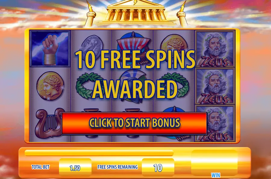 10 free spins awarded in the Zeus slot