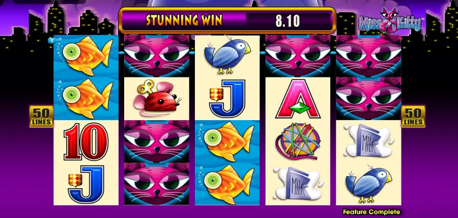 Example of the free spins bonus feature with sticky wilds in Miss Kitty