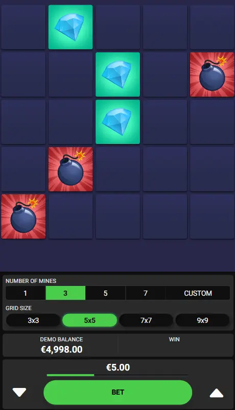 Mobile screenshot of the online Mines gambling game