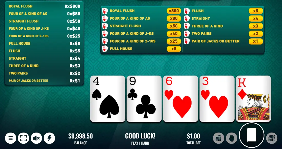 Screenshot of the online Aces and Faces Video Poker game
