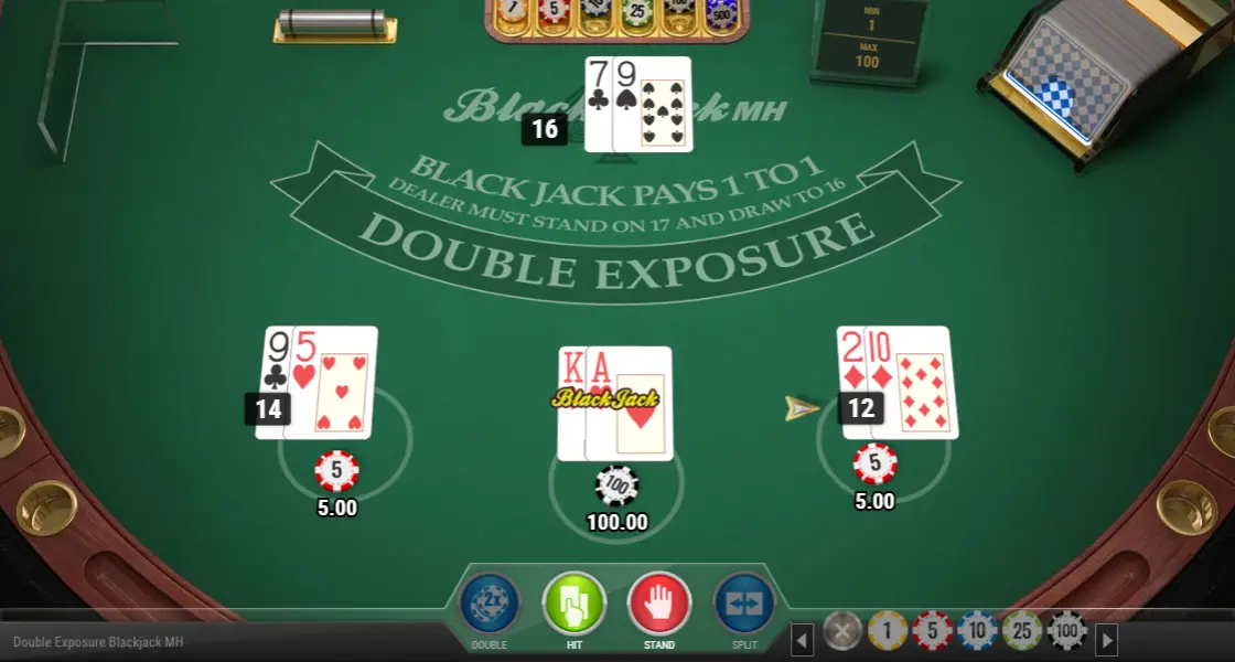 Screenshot of the online Double Exposure Blackjack game and table