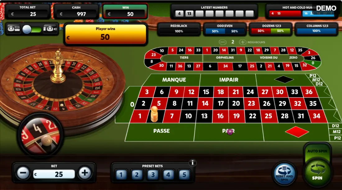 Desktop screenshot of the online French Roulette game showing all the betting options and settings