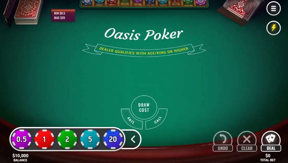 Table layout and betting options of the online Oasis Poker game