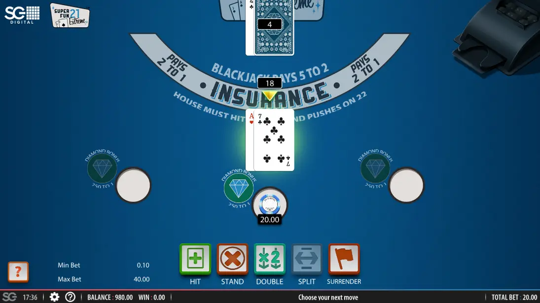 Screenshot of the online Super Fun 21 Blackjack game
