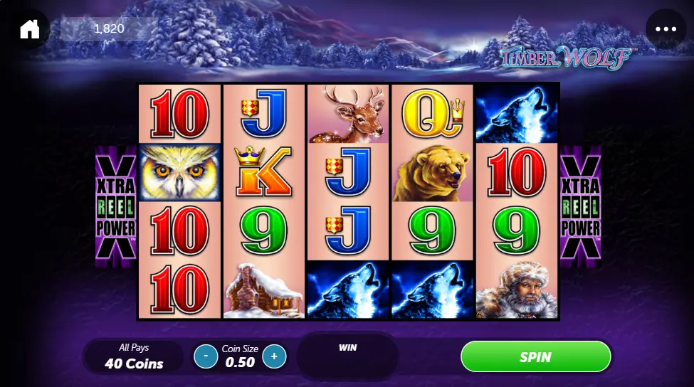 Screenshot of the online Timber Wolf slot machine by Aristocrat Interactive
