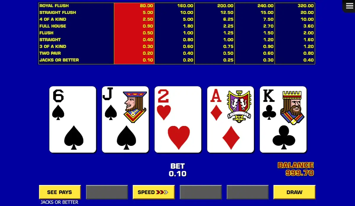 Playing example of an online Video Poker game