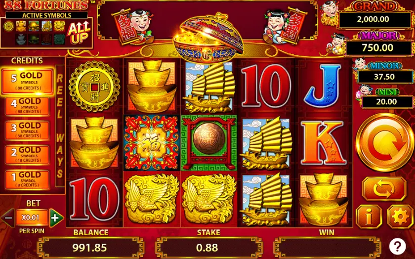 Screenshot of the free 88 Fortunes slot by Shuffle Master