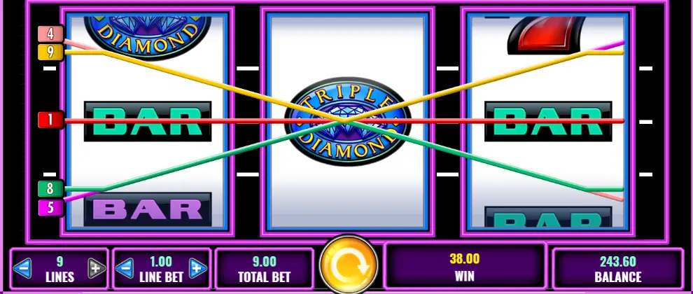 Example of a wild combination with BAR symbols on the Triple Diamond slot 