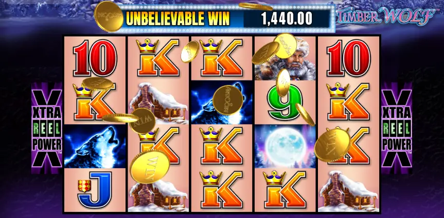 "Unbelievable Win" on the Timber Wolf demo. Coins scattered across the reels