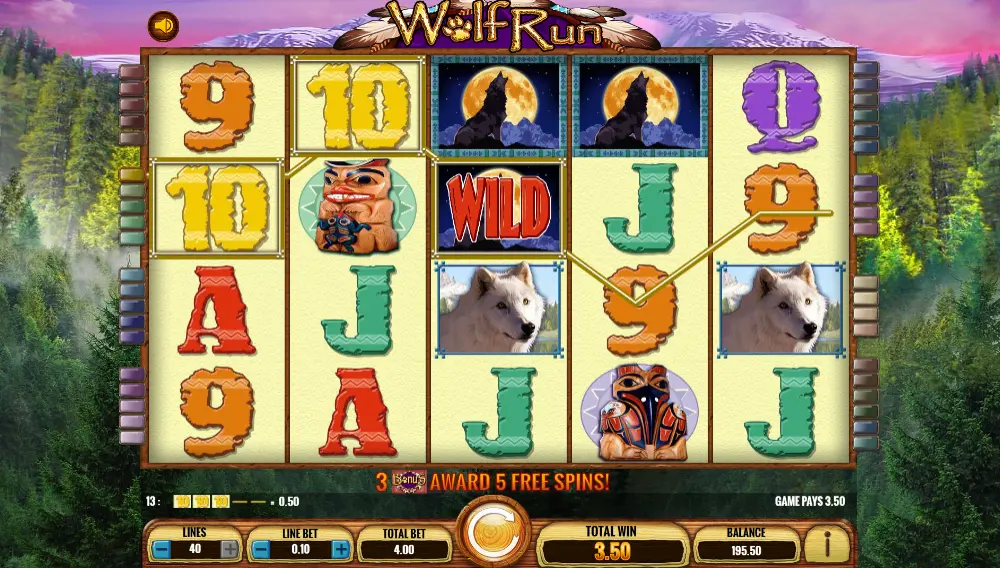 In-game screenshot of the online Wolf Run slot machine